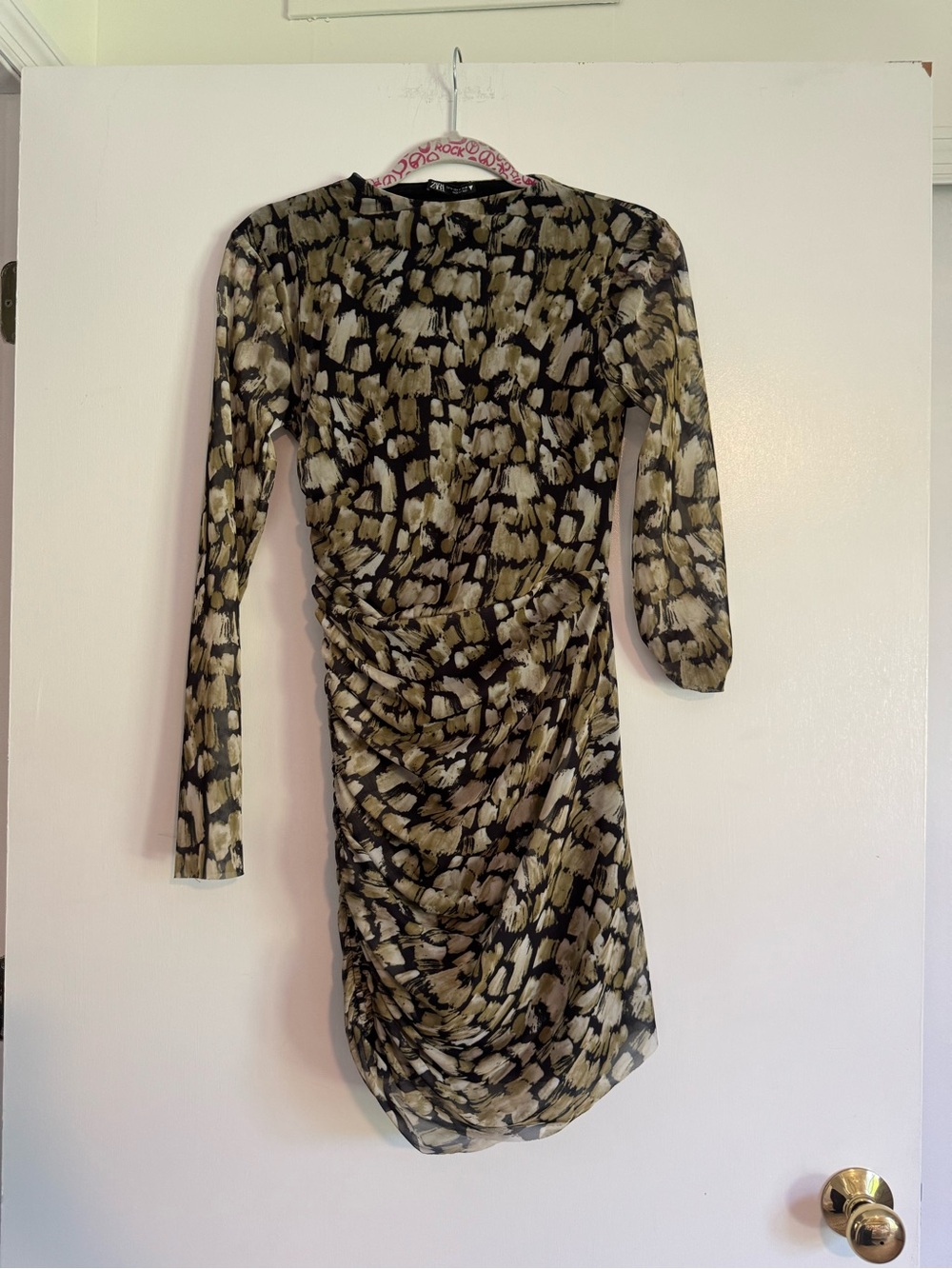 Zara Olive and Black Abstract Ruched Long-Sleeve Dress